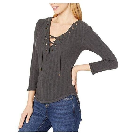 Free People OB1090510 Women's Sz S Washed Black Ice Cold Lace-Up Ribbed Top $78 - Picture 12 of 13